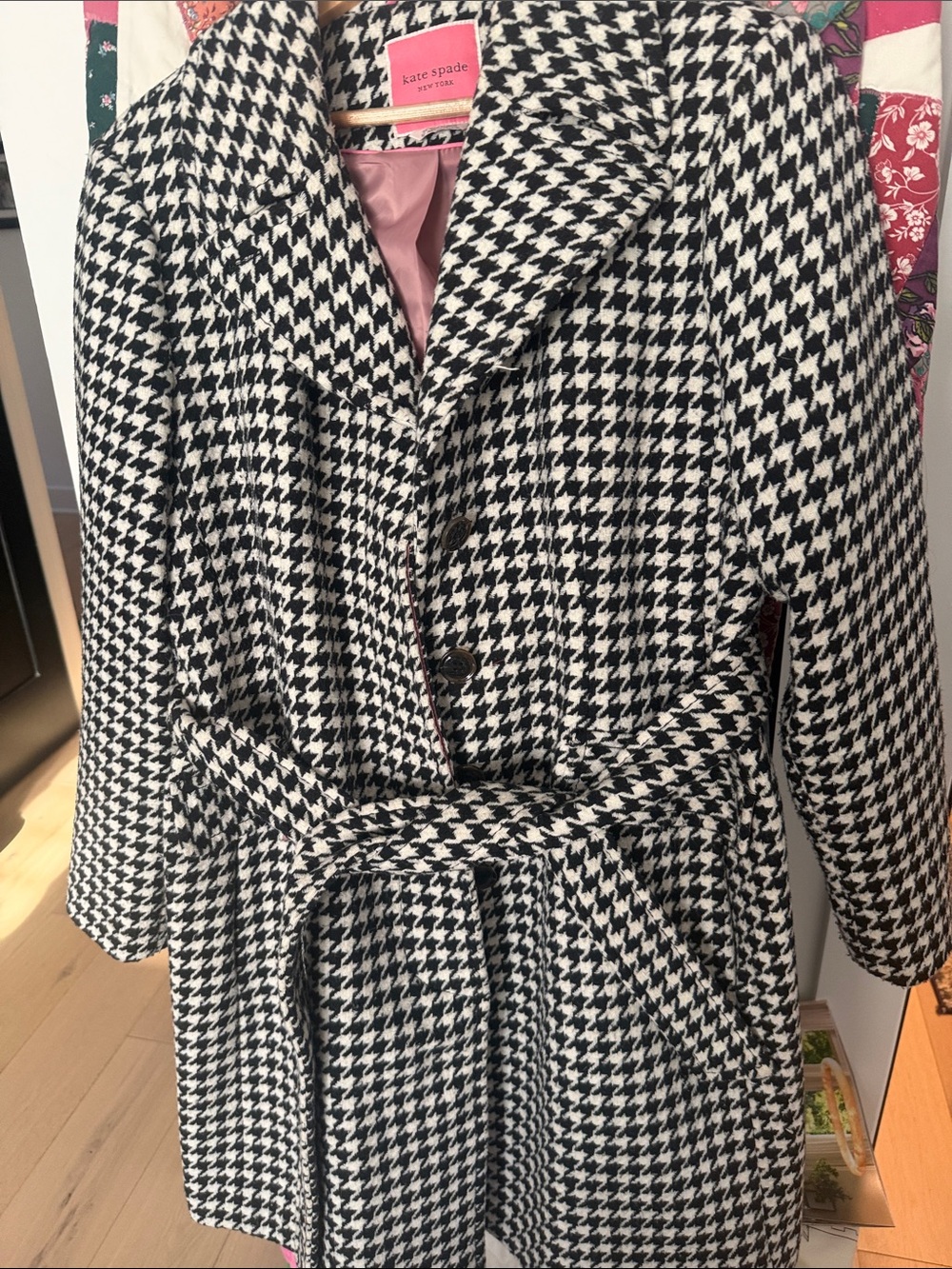 kate spade Black and White Houndstooth Belted  Coat